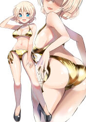 Rule 34 | 1girl, :d, ass, bikini, blaze (blazeillust), blonde hair, blue eyes, blush, braid, braided bun, breasts, butt crack, cameltoe, cleavage, collarbone, darjeeling (girls und panzer), female focus, from behind, full body, girls und panzer, gold bikini, groin, hair bun, hand up, head out of frame, high heels, highres, large breasts, legs, multiple views, navel, open mouth, short hair, side-tie bikini bottom, sideboob, simple background, smile, standing, stomach, sweat, swimsuit, thighs, white background