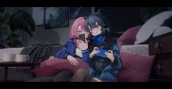 Rule 34 | 2girls, arknights, black flower, black pantyhose, blue eyes, blue hair, blue jacket, blue poison (arknights), blurry, blurry background, blush, brown thighhighs, cellphone, commentary, depth of field, english commentary, eyebrows hidden by hair, feet out of frame, flower, glaucus (arknights), grey eyes, grey hair, grey shirt, hair between eyes, hair flower, hair ornament, highres, holding, holding phone, indoors, jacket, kani fish, letterboxed, long sleeves, multicolored hair, multiple girls, open clothes, open jacket, pantyhose, phone, pillow, pink hair, plant, puffy long sleeves, puffy sleeves, shirt, signature, sitting, smile, streaked hair, thighhighs, white shirt
