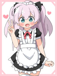 Rule 34 | 1girl, :d, apron, black dress, black ribbon, blue eyes, blush, commentary request, dress, frilled apron, frilled dress, frills, hair between eyes, hair ribbon, hana kazari, hand up, heart, highres, long hair, looking at viewer, maid, maid apron, maid headdress, mile (noukin), neck ribbon, open mouth, pink background, pink hair, pleated dress, puffy short sleeves, puffy sleeves, red ribbon, ribbon, short sleeves, smile, solo, thighhighs, two-tone background, two side up, v, very long hair, watashi nouryoku wa heikinchi de tte itta yo ne!, white apron, white background, white thighhighs