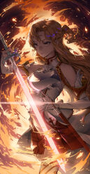 Rule 34 | 1girl, absurdres, armor, asuna (sao), bare shoulders, braid, breastplate, breasts, brown eyes, brown hair, detached sleeves, dress, fiery background, fire, french braid, glowing, glowing sword, glowing weapon, highres, holding, holding sword, holding weapon, jhigf, knights of blood uniform (sao), lambent light, long hair, looking ahead, medium breasts, parted lips, pleated skirt, rapier, red skirt, serious, sheath, short ponytail, skirt, sleeveless, sleeveless dress, solo, sword, sword art online, thighhighs, unsheathed, very long hair, weapon, white armor, white dress, white sleeves, white thighhighs