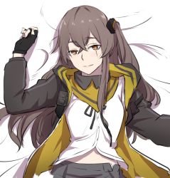 Rule 34 | 1girl, bed, black gloves, bow, brown hair, buttons, eyebrows, fingerless gloves, girls&#039; frontline, gloves, hair bow, hood, hooded jacket, jacket, long hair, looking at viewer, nose, parted lips, ribbon, scar, scar across eye, scar on face, side ponytail, skirt, solo, ump45 (girls&#039; frontline), unbuttoned, upper body, very long hair, xiujia yihuizi, yellow eyes