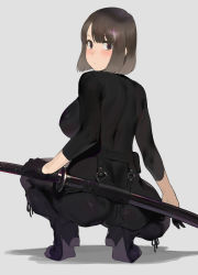 Rule 34 | 1girl, ass, back, black bodysuit, black footwear, bob cut, bodysuit, boots, breasts, brown eyes, brown hair, closed mouth, colored skin, from behind, full body, grey background, ikuchan kaoru, katana, large breasts, looking at viewer, looking back, multicolored skin, original, revision, short hair, sideboob, simple background, solo, squatting, sword, weapon