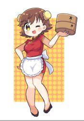 Rule 34 | 1girl, apron, bamboo steamer, bare legs, black footwear, blush stickers, breasts, brown hair, bun cover, china dress, chinese clothes, commentary request, dress, hair bun, hand on own hip, hand up, highres, holding, honda mio, idolmaster, idolmaster cinderella girls, looking at viewer, medium breasts, one eye closed, open mouth, orange background, polka dot, polka dot background, red dress, shoes, short hair, short sleeves, smile, solo, v-shaped eyebrows, waist apron, white apron, yakitouhu3, yellow eyes