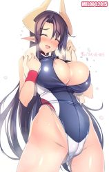 Rule 34 | 1girl, akatsuki francesca, areola slip, artist name, bad id, bad twitter id, blush, breasts, bursting breasts, closed eyes, competition swimsuit, covered erect nipples, demon girl, front zipper swimsuit, horns, huge breasts, jpeg artifacts, long hair, mel/a, meme attire, one-piece swimsuit, open mouth, original, pointy ears, simple background, smile, solo, swimsuit, towel, wardrobe malfunction, white background, wristband