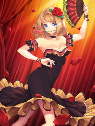 Rule 34 | 1girl, armband, armpits, bare arms, bare shoulders, black dress, blonde hair, blue eyes, bracelet, breasts, choker, cleavage, dancing, dress, dutch angle, hand fan, female focus, flamenco, flower, flower in mouth, folding fan, frilled dress, frills, hair flower, hair ornament, holding, jewelry, large breasts, legs, light brown hair, loneteel, looking at viewer, mouth hold, petals, pink flower, pink rose, red flower, red rose, rose, rose pacifica, rose petals, short hair, solo, stage curtains, strapless, strapless dress, sword girls