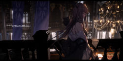 Rule 34 | 1girl, artist name, backlighting, banner, bare shoulders, black coat, blurry, blurry background, breasts, brown hair, chandelier, coat, commentary request, dark, day, depth of field, from side, hair ornament, highres, holding, holding sword, holding weapon, indoors, large breasts, letterboxed, long hair, looking at viewer, looking to the side, off shoulder, pixiv fantasia, pixiv fantasia last saga, purple eyes, sidelocks, solo, standing, swd3e2, sword, weapon