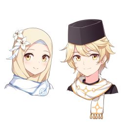 Rule 34 | 1boy, 1girl, aether (genshin impact), blonde hair, blush, braid, breasts, brother and sister, flower, genshin impact, hair between eyes, hair flower, hair ornament, hat, highres, jewelry, long hair, lumine (genshin impact), multiple boys, muslim, siblings, simple background, smile, white background, yaruwashi, yellow eyes