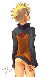 Rule 34 | 00s, 1boy, 2008, arms at sides, ass, blonde hair, bottomless, cowboy shot, dated, facial mark, kobashi, lowres, male focus, naruto (series), naruto shippuuden, no pants, short hair, simple background, solo, spiked hair, standing, thigh gap, turtleneck, uzumaki naruto, whisker markings, white background