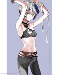 Rule 34 | 1girl, armpits, arms up, bandages, bandaged arm, bandages, black bra, black panties, black pants, bra, commentary request, danaka, flat chest, flower (vocaloid), gloves, grey gloves, lingerie, looking at viewer, midriff, multicolored hair, navel, panties, pants, parted lips, purple background, purple hair, short hair, solo, streaked hair, underwear, flower (vocaloid4), vocaloid, white hair, yellow eyes