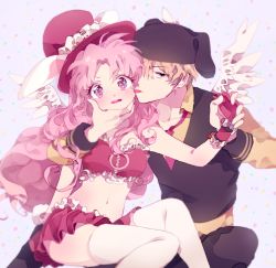 Rule 34 | &gt;:o, 00s, 1boy, 1girl, :o, :p, angel wings, animal ears, bad id, bad pixiv id, beanie, black hat, frills, full moon wo sagashite, grabbing another&#039;s chin, hand on another&#039;s chin, hat, hetero, highres, holding hands, licking, licking another&#039;s cheek, licking another&#039;s face, long hair, meroko yui, midriff, mini wings, miniskirt, one-eyed, parted bangs, pink eyes, pink hair, pink hat, pink skirt, pleated skirt, rabbit ears, rio izumi, simple background, sitting, skirt, thighhighs, tongue, tongue out, top hat, v-shaped eyebrows, very long hair, vest, vivinos, white thighhighs, wings, wrist cuffs, zettai ryouiki
