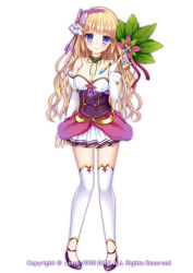Rule 34 | 1girl, bare shoulders, blonde hair, blue eyes, blush, bow, breasts, bridal gauntlets, choker, cleavage, detached sleeves, flower knight girl, full body, hair bow, hairband, long hair, looking at viewer, lunaria (flower knight girl), official art, purple footwear, shitou, shoes, skirt, smile, solo, standing, thighhighs, white background, white thighhighs