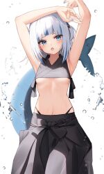 Rule 34 | 1girl, :o, alternate costume, armpits, arms up, blue eyes, blue nails, blush, cowboy shot, fins, fish tail, flat chest, gawr gura, highleg, highleg panties, highres, hololive, hololive english, looking at viewer, medium hair, multicolored hair, nail polish, navel, panties, shark tail, simple background, solo, stitches, stomach, tail, thomas 8000, two-tone hair, underwear, virtual youtuber, water, white background, white hair