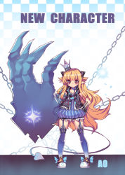 Rule 34 | 1girl, ao jun, blonde hair, blue thighhighs, bubble skirt, chain, claws, crown, elsword, expressionless, full body, garter straps, hand on own hip, horns, jacket, long hair, luciel, luciela r. sourcream, pointy ears, red eyes, shoes, skirt, solo, standing, thigh strap, thighhighs, very long hair