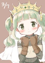 Rule 34 | 1girl, beige background, blunt bangs, blush, breasts, brown gloves, clenched hands, close-up, closed mouth, curly hair, dot nose, expressionless, futaba sana, gloves, green eyes, green hair, green sweater, hair bobbles, hair ornament, hands up, highres, jewelry, leaning, leaning to the side, looking at viewer, magia record: mahou shoujo madoka magica gaiden, mahou shoujo madoka magica, own hands together, ribbed sweater, sidelocks, simple background, small breasts, solo, sweater, tareme, tiara, tsubaki (tatajd), turtleneck, turtleneck sweater, twintails, upper body, veil