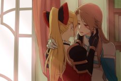 Rule 34 | 2girls, armor, blonde hair, blush, bow, brown hair, cape, collar, commentary request, curtains, earrings, frilled collar, frills, granblue fantasy, hair bow, hands on another&#039;s neck, high ponytail, imminent kiss, indoors, jewelry, katalina (granblue fantasy), long hair, miso-ha (ukyuu), multiple girls, ponytail, sidelocks, swept bangs, vira (granblue fantasy), window, yuri