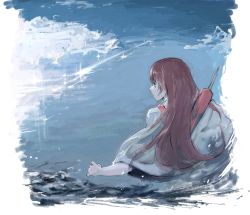 Rule 34 | 1girl, akagi (kancolle), arrow (projectile), blue sky, brown eyes, brown hair, cloud, from behind, japanese clothes, kantai collection, kimono, long hair, long sleeves, looking to the side, ocean, quiver, rureizi, sky, solo, tasuki, upper body, water, white kimono, wide sleeves