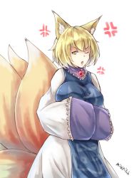 Rule 34 | 1girl, :o, angry, animal ears, artist name, blonde hair, breasts, fox ears, hands in opposite sleeves, highres, large breasts, mild pitch, multiple tails, one eye closed, solo, tail, touhou, wide sleeves, yakumo ran, yellow eyes