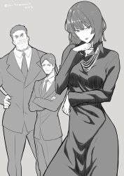 Rule 34 | 1girl, 2boys, absurdres, artist name, bob cut, dress, facial hair, fubuki (one-punch man), goatee, greyscale, highres, jewelry, lips, mbr90munouk, monochrome, multiple boys, necklace, one-punch man, short hair, signature, simple background