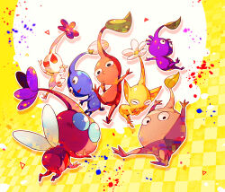 Rule 34 | arms up, black eyes, blue eyes, blue pikmin, blue skin, bud, checkered background, circle, closed eyes, colored skin, commentary request, covering own mouth, everyone, fighting stance, flower, from behind, grey skin, hand on own chin, highres, insect wings, leaf, leg up, looking at viewer, looking back, nintendo, no humans, no mouth, outline, outstretched arm, outstretched leg, petals, pikmin (creature), pikmin (series), pink flower, pink skin, pointy ears, pointy nose, purple flower, purple hair, purple pikmin, purple skin, red eyes, red pikmin, red skin, rock, rock pikmin, shirushiki, short hair, solid circle eyes, sweatdrop, triangle, triangle mouth, v-shaped eyes, very short hair, white flower, white outline, white pikmin, white skin, winged pikmin, wings, yellow background, yellow pikmin, yellow skin