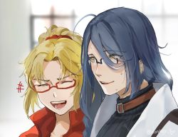 Rule 34 | +++, 1boy, 1girl, :d, ^ ^, belt collar, bespectacled, black sweater, blonde hair, blue hair, blurry, blurry background, closed eyes, collar, cowlick, curtained hair, dark blue hair, donkey fgo, fate/grand order, fate (series), glasses, hair ornament, hair over one eye, hair scrunchie, jacket, looking at another, low-braided long hair, low-tied long hair, mordred (fate), mordred (fate/apocrypha), open mouth, paracelsus (fate), ponytail, portrait, red-framed eyewear, red jacket, red scrunchie, scrunchie, smile, sweatdrop, sweater, teeth, turtleneck, turtleneck sweater, white jacket, yellow eyes
