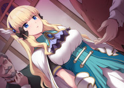 Rule 34 | 1girl, 2boys, black bow, blonde hair, blue dress, blue eyes, blush, bow, breasts, brooch, cape, dress, elf, hair bow, hair ornament, highres, jewelry, large breasts, long hair, marugoshi (54burger), multiple boys, open mouth, pointy ears, princess connect!, saren (princess connect!), sidelocks, white cape