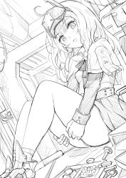 Rule 34 | 1girl, :o, ass, blush, bow, bowtie, cloak, dutch angle, goddess of victory: nikke, greyscale, highres, long hair, looking at viewer, monochrome, open mouth, shirt, sitting, sketch, snow white (innocent days) (nikke), snow white (nikke), solo, thighs, visor (armor), yougenko