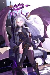 Rule 34 | 1girl, absurdres, ahoge, armband, black footwear, black gloves, black jacket, black skirt, blue archive, boots, brown thighhighs, closed mouth, commentary request, cross-laced footwear, ekusera, feet out of frame, gloves, grey hair, gun, hair ornament, hairclip, halo, highres, hina (blue archive), holding, holding gun, holding weapon, horns, jacket, jacket on shoulders, knee boots, lace-up boots, long hair, long sleeves, looking at viewer, low wings, machine gun, mg42, multiple horns, one eye closed, parted bangs, purple eyes, purple wings, sitting, skirt, solo, thighhighs, thighhighs under boots, very long hair, weapon, wings
