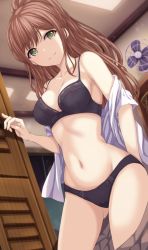 Rule 34 | 1girl, bang dream!, bare shoulders, black bra, black panties, bra, breasts, brown hair, brown skirt, closed mouth, clothes pull, collarbone, cowboy shot, gluteal fold, green eyes, highres, imai lisa, long hair, looking at viewer, medium breasts, narafume, navel, off shoulder, open clothes, open shirt, panties, ponytail, shirt, skirt, skirt pull, smile, solo, spaghetti strap, stomach, thighs, underwear, white shirt