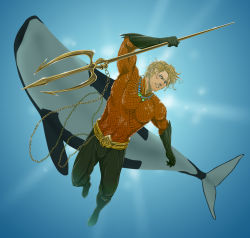 Rule 34 | 1boy, animification, aqua man, aquaman (dc), aquaman (series), armor, belt, blonde hair, chain, dc comics, facial hair, gb (doubleleaf), gloves, jewelry, king, male focus, necklace, ocean, orca, polearm, realistic, scale armor, solo, spandex, stubble, superhero costume, swimming, trident, underwater, water, weapon, whale