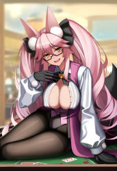 Rule 34 | 1girl, animal ear fluff, animal ears, black bow, black bowtie, black gloves, black leotard, black pantyhose, black ribbon, blush, bow, bowtie, breasts, cleavage, collared shirt, dydydyok, fate/grand order, fate (series), fox ears, fox girl, glasses, gloves, hair ornament, hair ribbon, highres, koyanskaya (assassin) (second ascension) (fate), koyanskaya (fate), large breasts, leotard, long hair, long sleeves, looking at viewer, open mouth, pantyhose, parted lips, pink hair, pink vest, poker chip, poker table, ribbon, shirt, sitting, smile, solo, table, tamamo (fate), twintails, very long hair, vest, white shirt, yellow eyes