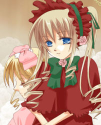 Rule 34 | 00s, 1girl, blonde hair, blue eyes, bow, bowtie, brown background, closed eyes, dress, drill hair, flower, green bow, hair between eyes, hat, hat bow, hinaichigo, long hair, looking down, lowres, pink bow, red dress, rose, rozen maiden, sad, shinku, short sleeves, simple background, solo, twin drills, twintails, upper body, very long hair