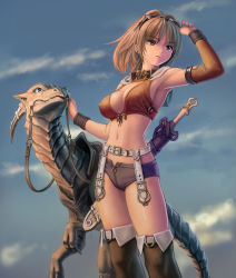 Rule 34 | 1girl, animal, armpits, boots, breasts, brown eyes, brown hair, cloud, day, detached sleeves, earrings, fantasy, garter belt, goggles, jewelry, kanzeon, large breasts, midriff, original, raptor, short hair, shorts, sky, solo, sword, weapon