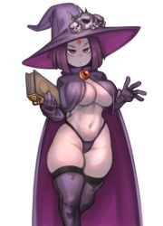 Rule 34 | 1girl, alternate costume, black thighhighs, book, boots, breasts, cape, cleavage, colored skin, commentary, curvy, dc comics, english commentary, forehead jewel, gloves, grey skin, hat, highleg, highleg panties, highres, holding, holding book, kelvin hiu, large breasts, navel, nearly naked cape, no bra, panties, purple cape, purple eyes, purple footwear, purple gloves, purple hair, purple panties, raven (dc), solo, teen titans, thick thighs, thigh boots, thighhighs, thighhighs under boots, thighs, underwear, walking, white background, wide hips, witch hat