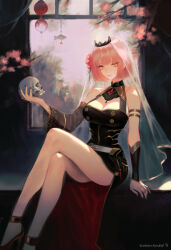 Rule 34 | 1girl, absurdres, alternate hairstyle, bare legs, bare shoulders, black tiara, blush, breasts, cherry blossoms, cleavage, crossed legs, detached sleeves, dress, flower, hair flower, hair ornament, high heels, highres, holding, holding skull, hololive, hololive english, holomyth, jewelry, large breasts, looking at viewer, mori calliope, mori calliope (1st costume), official alternate hairstyle, pink eyes, pink hair, red eyes, see-through, see-through sleeves, short hair, single detached sleeve, skull, smile, solo, tiara, tomatoketchup96, tree, veil, virtual youtuber