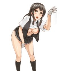 Rule 34 | 10s, 1girl, angoha, arm up, bent over, black hair, black socks, black skirt, black vest, blush, breasts, brown eyes, buttons, clothes lift, collared shirt, female masturbation, gloves, hanging breasts, highres, kantai collection, kneehighs, large breasts, long hair, looking at viewer, masturbation, nipples, open clothes, open vest, oyashio (kancolle), pleated skirt, shirt, shirt lift, sidelocks, simple background, skirt, socks, solo, tareme, thighs, unbuttoned, vest, white background, white gloves, wing collar