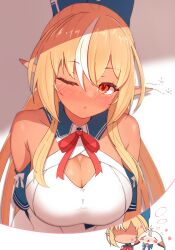Rule 34 | 1girl, ;o, absurdres, bare shoulders, blonde hair, blue bow, blush, bow, breasts, cleavage, cleavage cutout, clothing cutout, collarbone, commentary request, dark-skinned female, dark skin, drunk, elf, elfriend (shiranui flare), hair between eyes, hair bow, highres, hololive, imagining, large breasts, long hair, multicolored hair, one eye closed, pointy ears, red eyes, red ribbon, ribbon, sen (sen42724788), shiranui flare, shiranui flare (1st costume), streaked hair, upper body, virtual youtuber, white hair