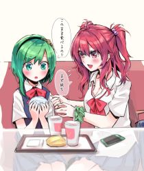 Rule 34 | 2girls, alternate costume, aqua eyes, blouse, blue skirt, blush, bow, bowtie, bracelet, breasts, burger, cellphone, cleavage, collared shirt, contemporary, cup, drink, flying sweatdrops, food, green hair, hair between eyes, hair bobbles, hair ornament, hairband, highres, holding, holding food, jewelry, mappe (778exceed), medium breasts, messy hair, multiple girls, onozuka komachi, open mouth, phone, pleated skirt, red bow, red bowtie, red eyes, red hair, school uniform, scrunchie, shiki eiki, shirt, short sleeves, sidelocks, sitting, skirt, sleeveless, smartphone, speech bubble, touhou, translated, tray, twintails, two side up, white shirt, wrist scrunchie