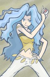 Rule 34 | &gt;:), 1girl, bare arms, bare shoulders, blue eyes, blue hair, breasts, collarbone, creatures (company), elite four, eyes visible through hair, game freak, gd-058, grin, groin, hair intakes, hand on own hip, holding, holding poke ball, karen (pokemon), lipstick, long hair, looking at viewer, makeup, medium breasts, nail polish, navel, nintendo, pants, pink lips, poke ball, pokemon, pokemon hgss, shirt, smile, solo, standing, tank top, tsurime, v-shaped eyebrows, white pants, yellow nails, yellow shirt