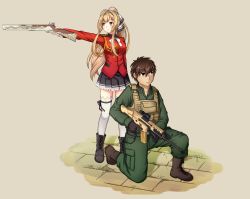 Rule 34 | 10s, 1boy, 1girl, acog, aiguillette, amagi brilliant park, assault rifle, boots, company connection, creator connection, crossover, epaulettes, fn scar, frown, full metal panic!, gloves, gun, hair ribbon, kyoto animation, load bearing vest, military, military uniform, musket, muzzle device, pleated skirt, ribbon, rifle, sagara sousuke, scar, scope, seatollead, sento isuzu, skirt, thighhighs, trait connection, uniform, weapon, zettai ryouiki