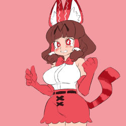 Rule 34 | 1girl, animal ear fluff, animal ears, blunt bangs, blush, bow, bowtie, brown hair, commentary request, cookie (touhou), cosplay, cowboy shot, elbow gloves, gloves, hakurei reimu, highres, kemono friends, medium hair, pink background, red bow, red eyes, red gloves, red shirt, red skirt, rurima (cookie), scotch (cookie), serval (kemono friends), serval (kemono friends) (cosplay), shirt, simple background, skirt, sleeveless, sleeveless shirt, solo, tail, tearing up, touhou, traditional bowtie, watery eyes, white shirt