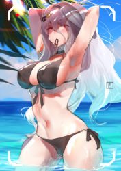 Rule 34 | 1girl, armpits, arms behind head, arms up, bikini, black bikini, blue sky, blush, breasts, choker, contrapposto, cowboy shot, day, front-tie bikini top, front-tie top, girls&#039; frontline, grey hair, hair between eyes, hair ornament, highres, horizon, large breasts, looking at viewer, mouth hold, navel, outdoors, pk (girls&#039; frontline), red eyes, side-tie bikini bottom, sky, solo, swimsuit, viewfinder, wading, water, wet, yueqin (monnpiano)