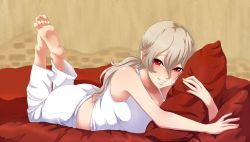 Rule 34 | 1girl, absurdres, alternate costume, artist request, ass, barefoot, blush, breasts, corrin (female) (fire emblem), corrin (fire emblem), feet, fire emblem, fire emblem fates, grin, highres, large breasts, long hair, looking at viewer, lying, nintendo, hugging object, on stomach, pajamas, pillow, pillow hug, platinum blonde hair, red eyes, seityr, smile, soles, solo, the pose, toes
