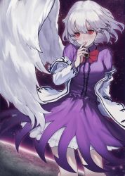 Rule 34 | 1girl, blush, bow, bowtie, breasts, center frills, closed mouth, collared shirt, cowboy shot, finger to mouth, frills, hand up, heoningu, highres, jacket, kishin sagume, long sleeves, looking at viewer, medium breasts, off shoulder, outline, petticoat, purple background, purple shirt, purple skirt, red bow, red bowtie, red eyes, shirt, short hair, single wing, skirt, skirt set, smile, solo, space, touhou, white hair, white jacket, white wings, wing collar, wings