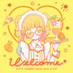 Rule 34 | 1girl, absurdres, bendy straw, blonde hair, blunt bangs, buttons, collar, commentary, crazy straw, dot mouth, drink, drinking straw, earrings, english text, flower, food, frills, happy (happi illust), head tilt, heart, heart-shaped eyewear, heart-shaped pupils, heart earrings, heart straw, hibiscus, highres, holding, holding plate, ice cream, ice cream cone, ice cream float, innertube, jewelry, maid, maid headdress, medium hair, original, palm tree, plate, polka dot, sand, seashell, shell, solo, star (symbol), sun symbol, swim ring, symbol-shaped pupils, tree, twintails, upper body, wrist cuffs, yellow background, yellow eyes, yellow theme