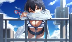 Rule 34 | artist request, ayane (blue archive), bikini, bikini top only, black hair, blue archive, blue sky, breasts, cloud, front-tie bikini top, front-tie top, glasses, highres, holding glasses, large breasts, leaning forward, looking at viewer, micro shorts, navel, open clothes, orange eyes, pointy ears, short shorts, shorts, sky, swimsuit, tagme, thigh gap, thighs