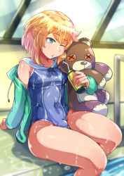 Rule 34 | 1boy, alternate costume, blonde hair, blue one-piece swimsuit, breasts, bridget (guilty gear), bulge, covered navel, covered testicles, gin daikon, green eyes, green hoodie, guilty gear, guilty gear strive, hood, hooded jacket, hoodie, jacket, long sleeves, looking to the side, male focus, medium hair, off shoulder, one-piece swimsuit, one eye closed, open clothes, open hoodie, open mouth, pectorals, pool ladder, poolside, roger (guilty gear), silver radish, sitting, soaking feet, stuffed animal, stuffed toy, swimsuit, teddy bear, trap, wet, wet clothes, wet swimsuit