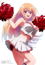 Rule 34 | 1girl, absurdres, ass, blonde hair, breasts, cheering, cheerleader, clothes lift, crop top, highres, holding, holding pom poms, ichinose honami (youjitsu), large breasts, long hair, magazine scan, megami magazine, official art, open mouth, panties, pleated skirt, pom pom (cheerleading), pom poms, purple eyes, scan, simple background, skirt, skirt lift, smile, thighs, underwear, white background, youkoso jitsuryoku shijou shugi no kyoushitsu e
