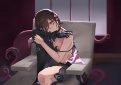 Rule 34 | 1girl, absurdres, armchair, black bodysuit, black bra, black choker, black gloves, blush, bodysuit, bodysuit pull, bra, bra strap, breasts, brown eyes, brown hair, bx (zhileng yasuoji), chair, choker, closed mouth, diving suit, dry suit, girls&#039; frontline, girls&#039; frontline neural cloud, gloves, hair ornament, hairclip, hatsuchiri (neural cloud), highres, long hair, looking at viewer, octopus, simple background, single glove, sitting, small breasts, solo, tentacles, underwear, window