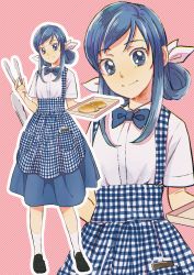 Rule 34 | 1girl, alternate breast size, alternate costume, alternate hairstyle, apron, blouse, blue apron, blue background, blue bow, blue bowtie, blue eyes, blue hair, blue skirt, bow, bowtie, bread, checkered apron, checkered clothes, employee uniform, food, full body, gingham, gingham apron, hair bun, high-waist skirt, highres, kneehighs, kobeya, kobeya uniform, long hair, looking at viewer, pama, pink background, plaid, plaid apron, pleated shirt, precure, ribbon, shirt, simple background, single hair bun, skirt, socks, tray, uniform, waitress, white ribbon, white shirt, white socks, zoom layer