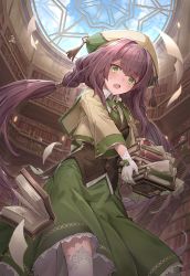 Rule 34 | 1girl, absurdres, blue sky, blush, book, book stack, braid, brown hair, day, gloves, green eyes, green skirt, hat, highres, holding, holding book, indoors, kneehighs, library, long skirt, looking at viewer, low twintails, open book, open mouth, original, shichigatsu, skirt, sky, socks, solo, standing, sweat, twin braids, twintails, white gloves, white socks